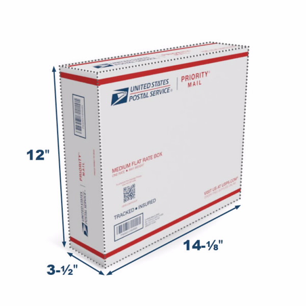 USPS Medium Flat Rate Box side-loading with dimensions