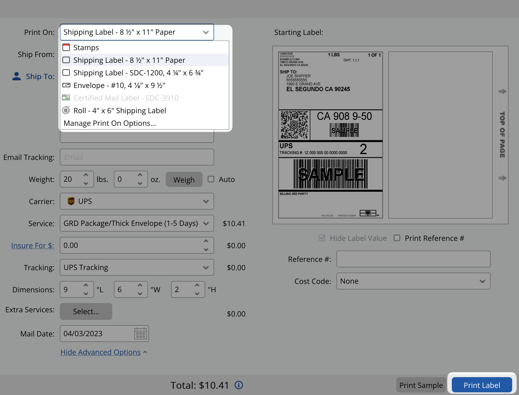 stamps.com print label screen