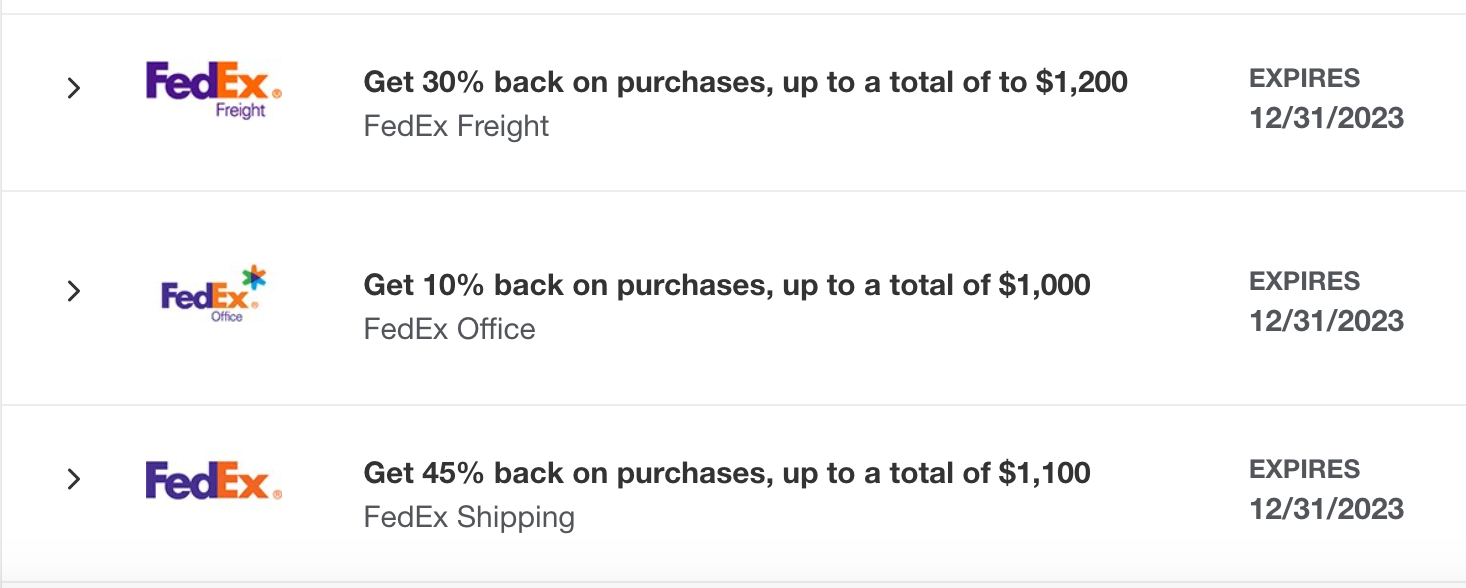 45% back on FedEx Shipments and 30% back on FedEx Freight, up to a total of $1200. 10% on purchases from FedEx Office, up to $1000.