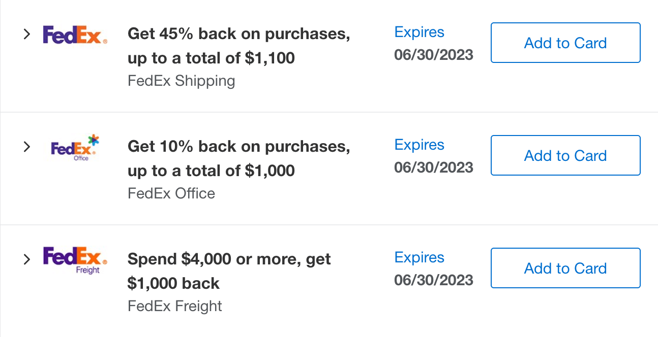 45% back on FedEx shipping up to a total of $1100. 10% on purchases from FedEx Office, up to $1000. spend $4000 or more on FedEx freight, get $1000 back.