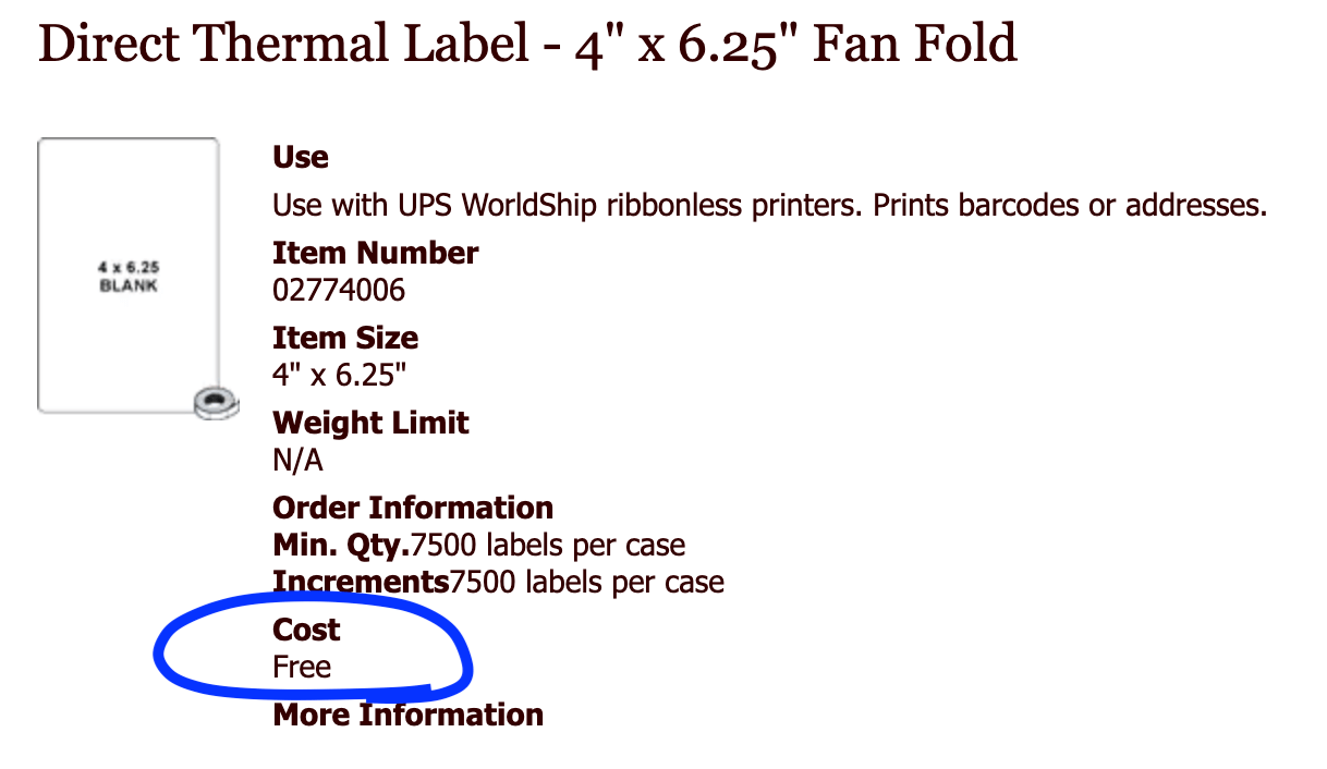 screenshot of free shipping labels on ups site