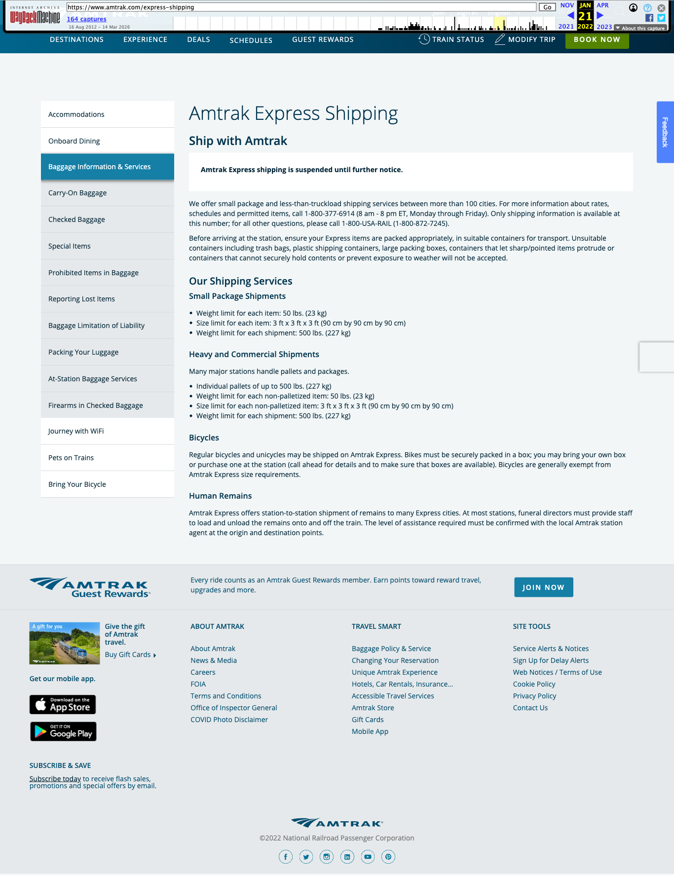 Amtrak Express Shipping page showing suspension notice