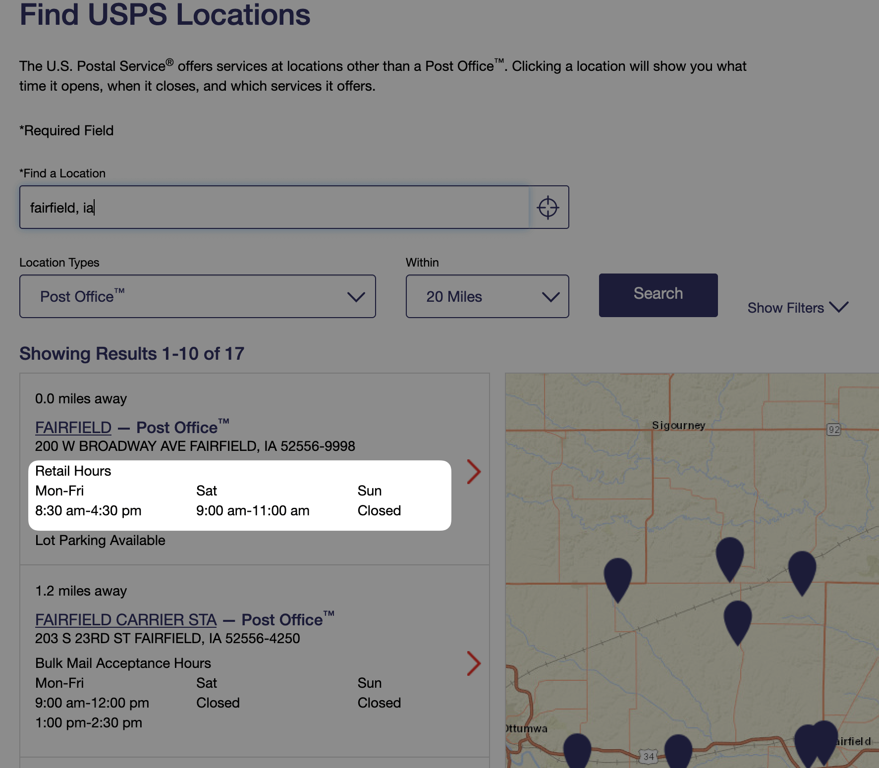 screenshot of usps find locations map with post office hours circled
