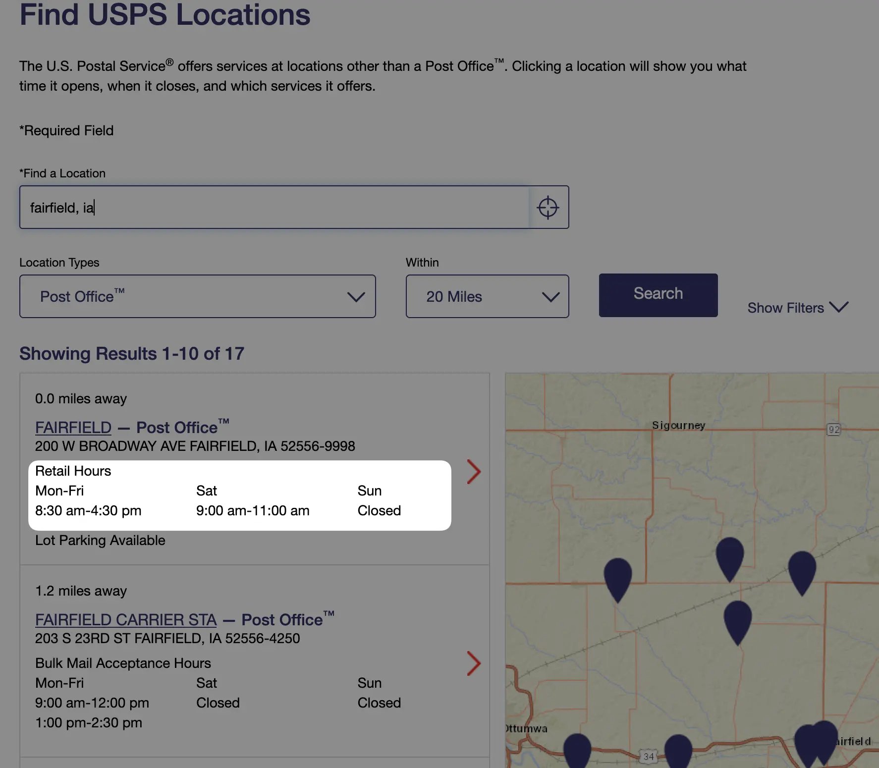 post office hours in location finder screenshot