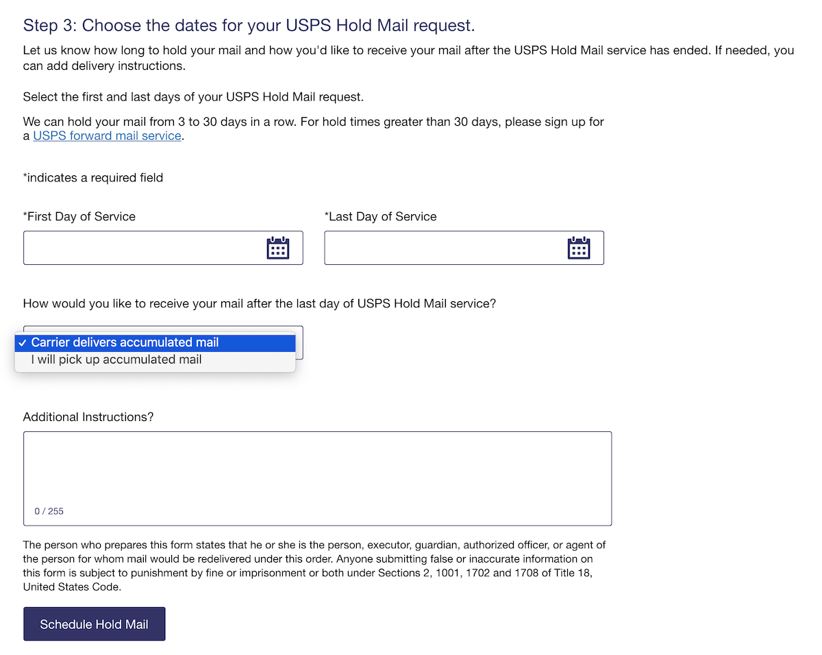 usps hold mail request form screenshot