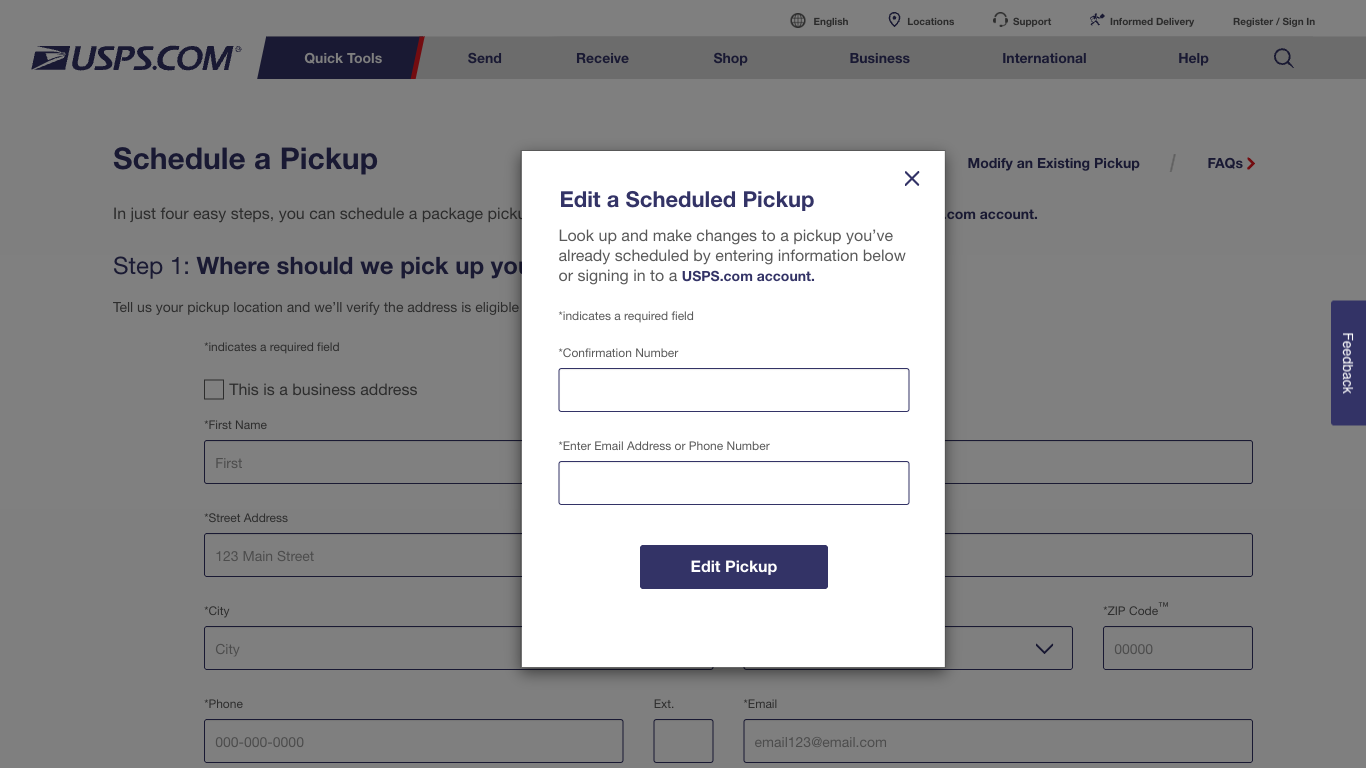 USPS Edit a Scheduled Pickup dialog — enter your confirmation number to modify or cancel