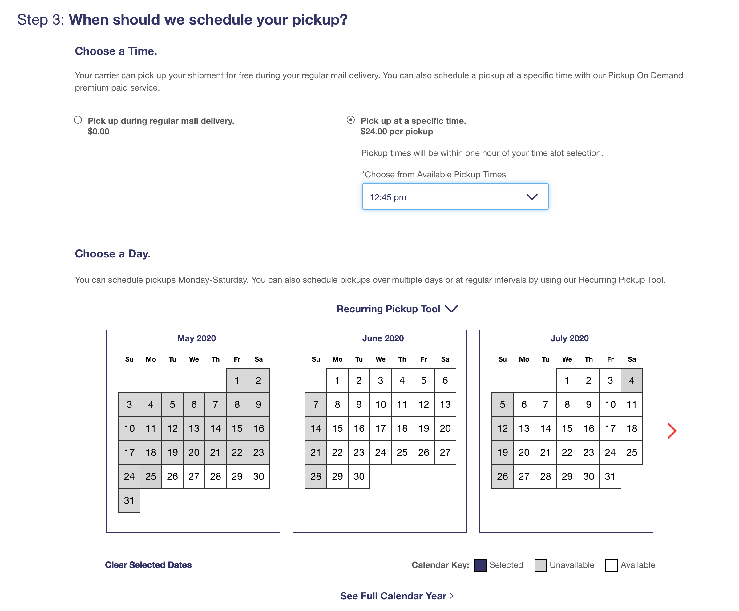 package pick-up scheduling screen