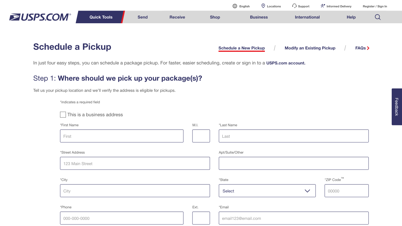 USPS Schedule a Pickup form — enter your address and click Check Availability