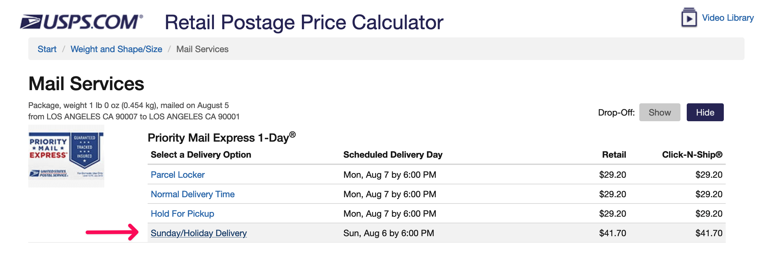 screen shot of usps sunday priority express rates