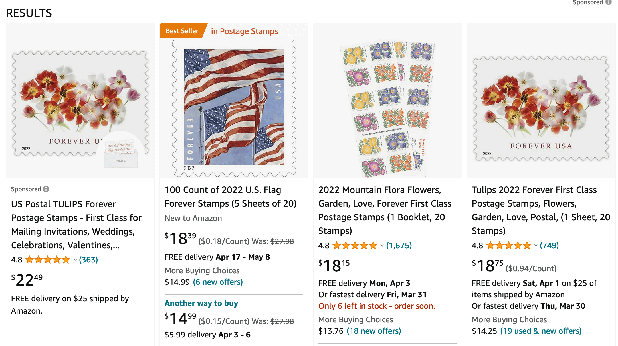 screenshot of postage stamps being sold on amazon.com
