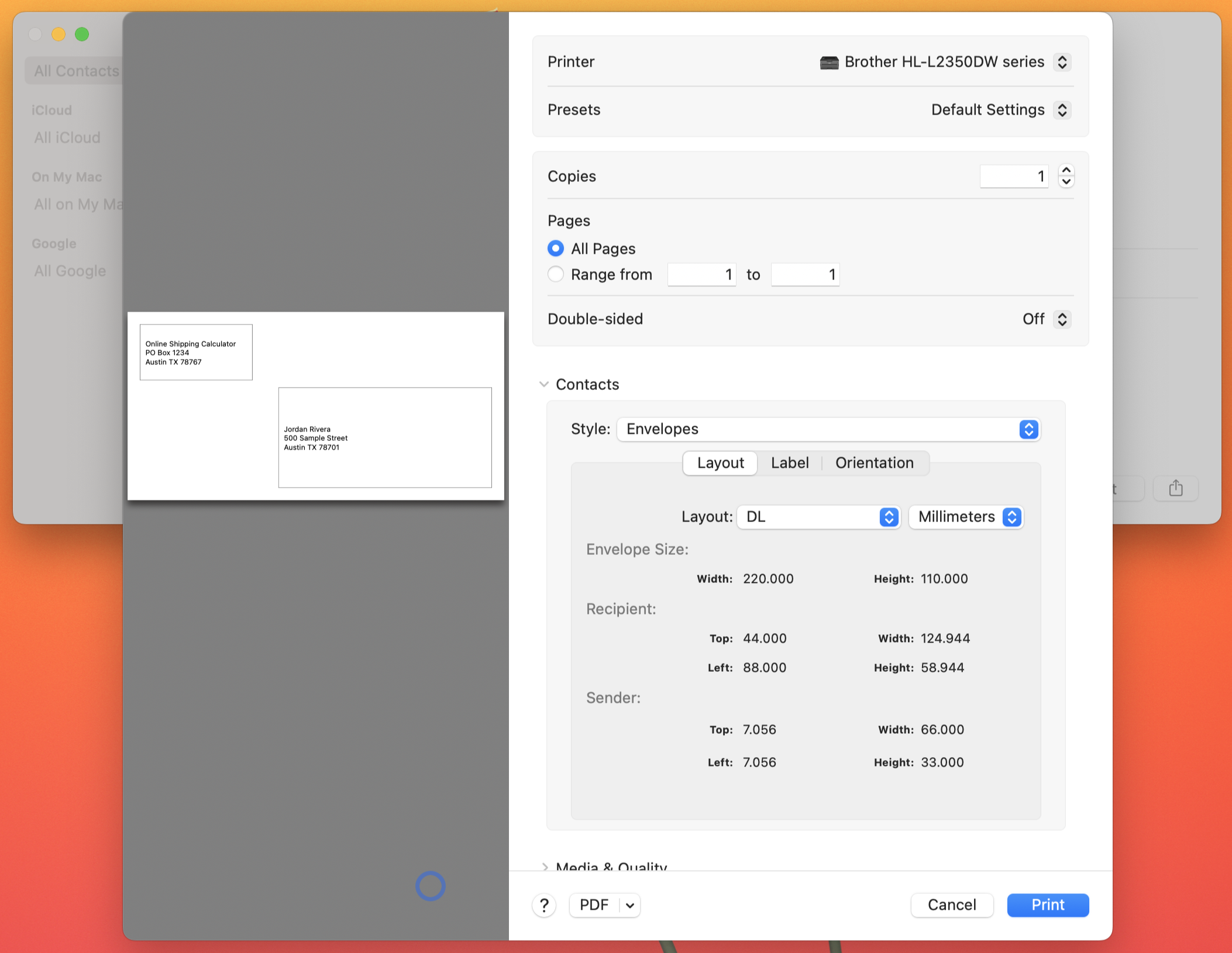 macOS Contacts printing an envelope with Style set to Envelopes