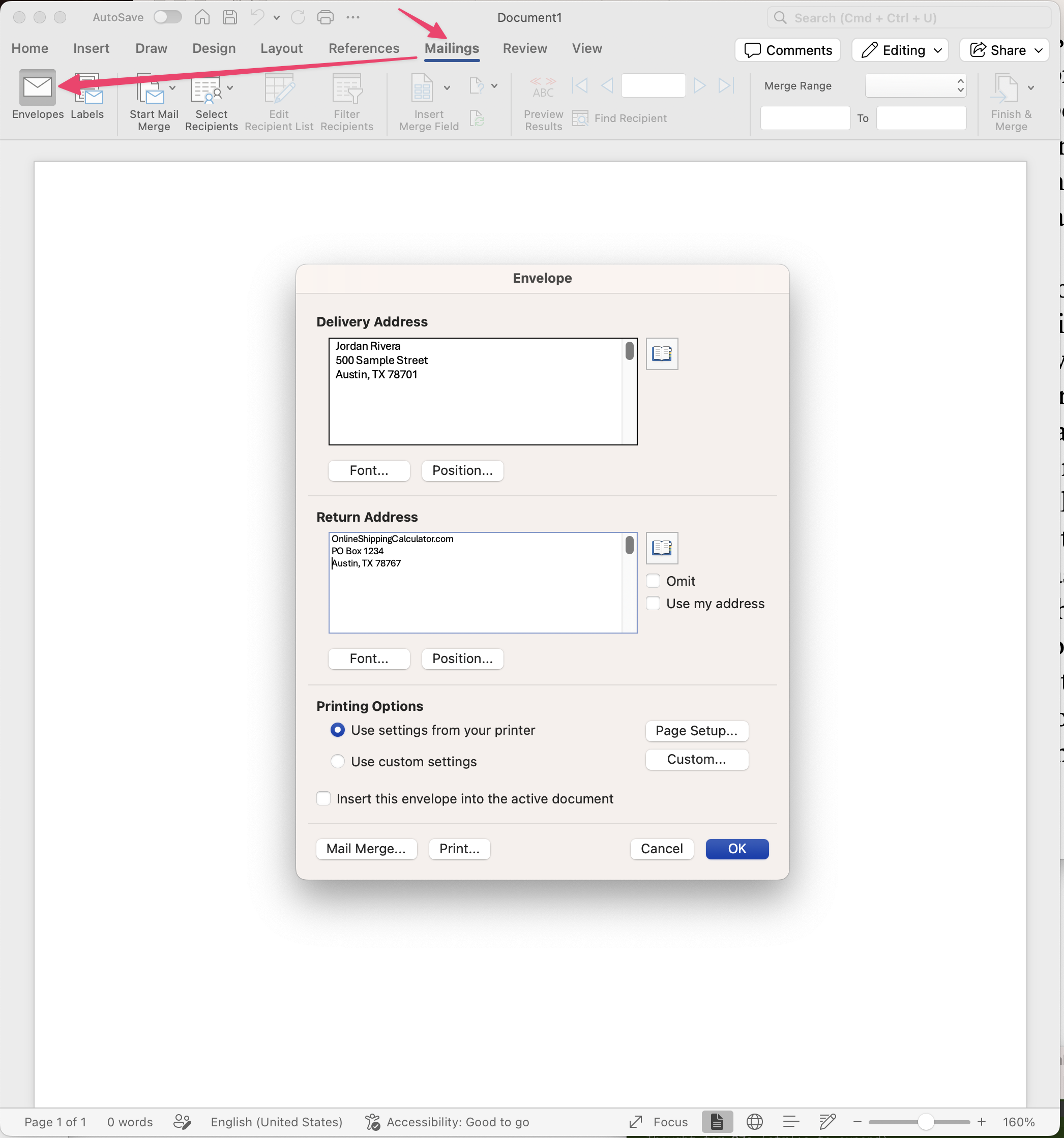 Microsoft Word Mailings tab with the Envelopes dialog open