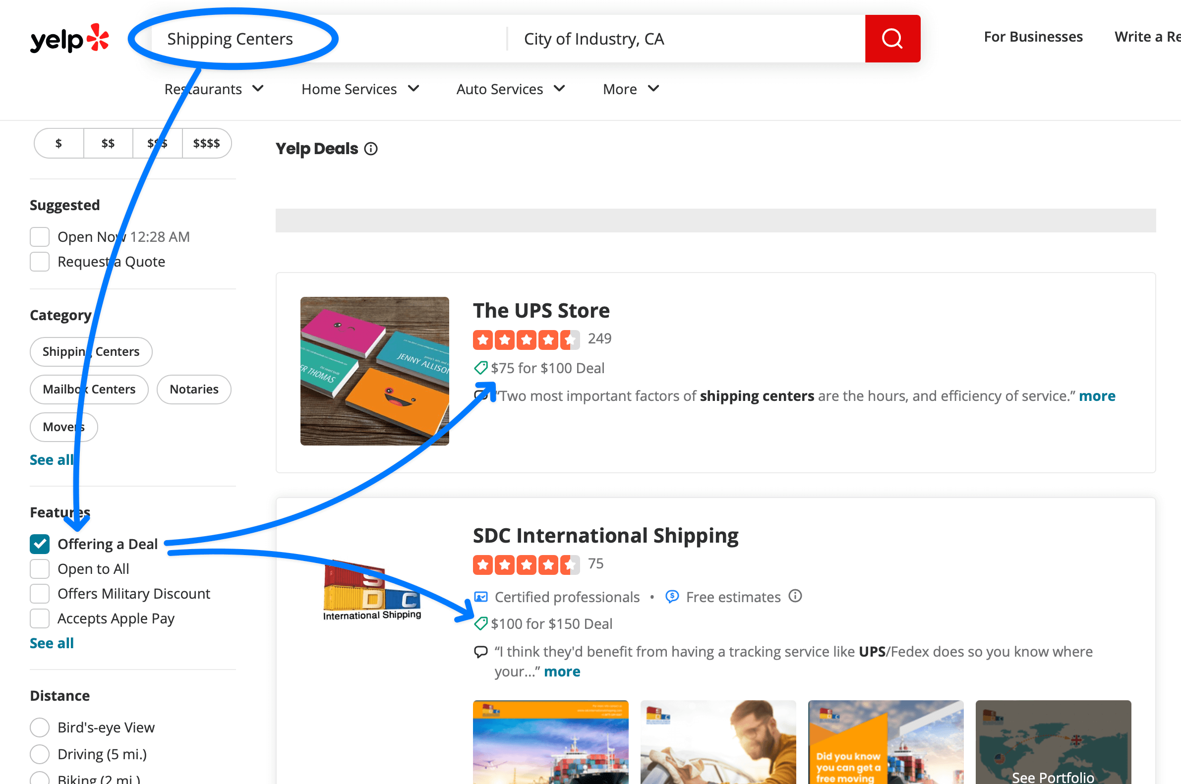 yelp shipping discounts screenshots